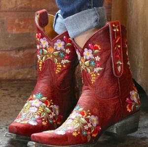 Red Embroidered Floral Cowboy Boot Women
